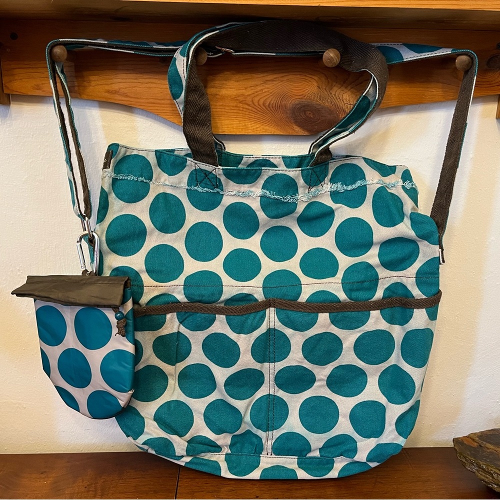 Thirty-One 31 Teal Mod Dot Retro Metro foldover tote bag bundle